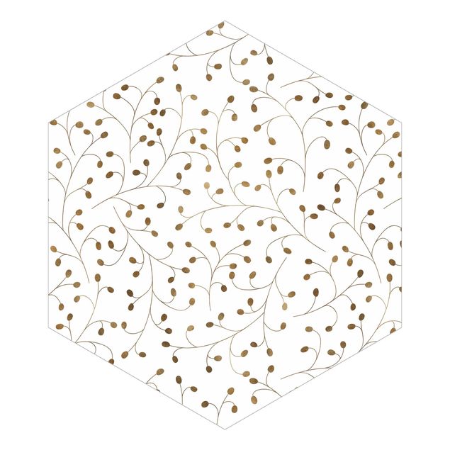 Hexagon Mustertapete selbstklebend - Zarte Zweige Muster mit Punkten in Gold