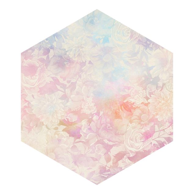 Hexagon Mustertapete selbstklebend - Zarter Blütentraum in Pastell