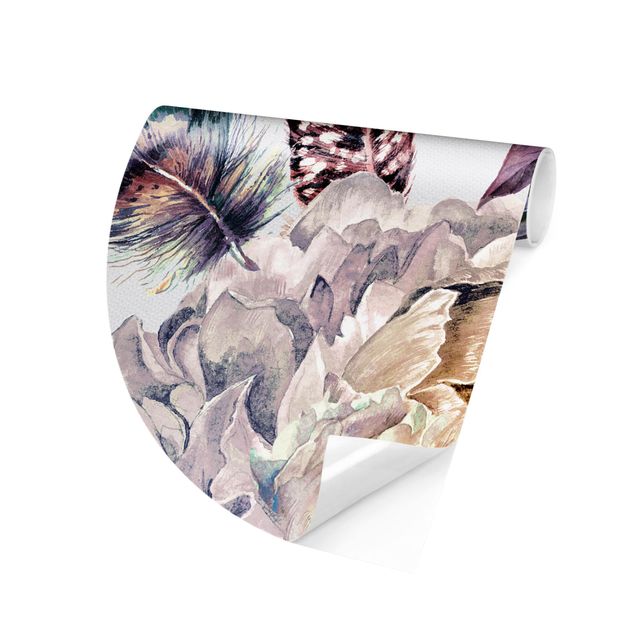 Runde Tapete selbstklebend - Zartes Aquarell Boho Blüten und Federn Muster