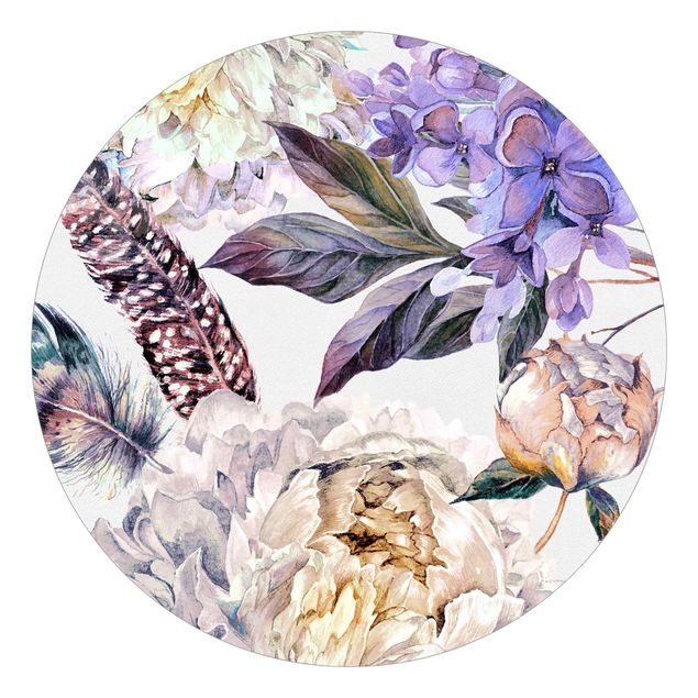 Runde Tapete selbstklebend - Zartes Aquarell Boho Blüten und Federn Muster