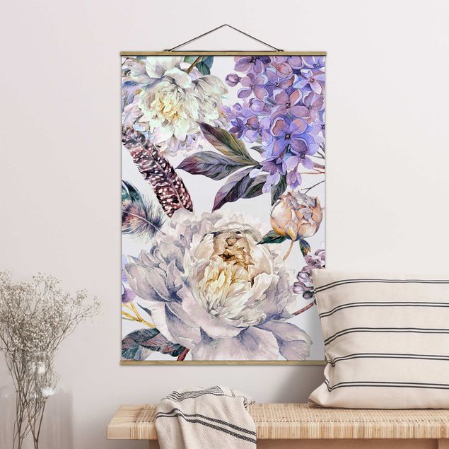 Stoffbild mit Posterleisten - Zartes Aquarell Boho Blüten und Federn Muster - Hochformat 2:3