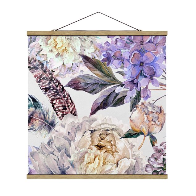 Stoffbild mit Posterleisten - Zartes Aquarell Boho Blüten und Federn Muster - Quadrat 1:1