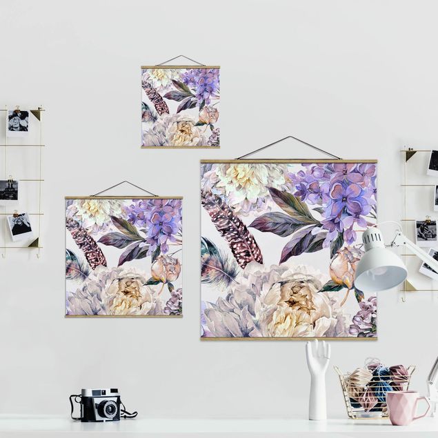 Stoffbild mit Posterleisten - Zartes Aquarell Boho Blüten und Federn Muster - Quadrat 1:1