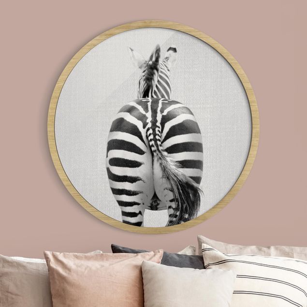 Rundes Gerahmtes Bild - Zebra von hinten Schwarz Weiß