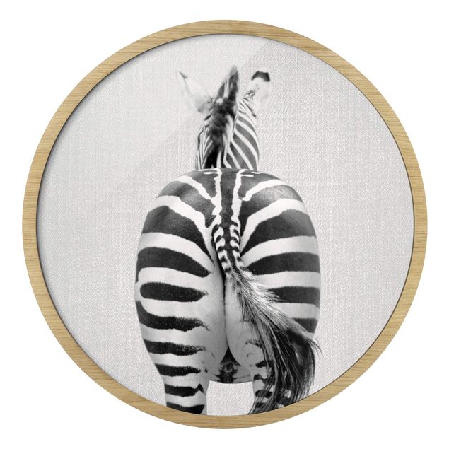Rundes Gerahmtes Bild - Zebra von hinten Schwarz Weiß