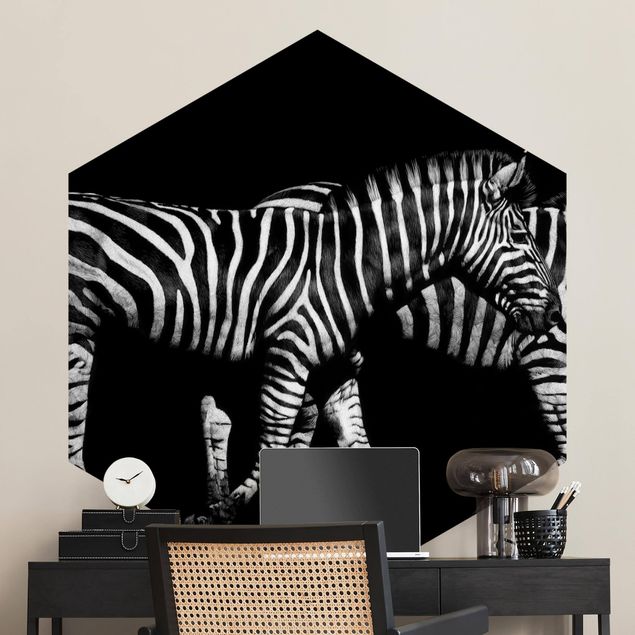 Hexagon Mustertapete selbstklebend - Zebra vor Schwarz