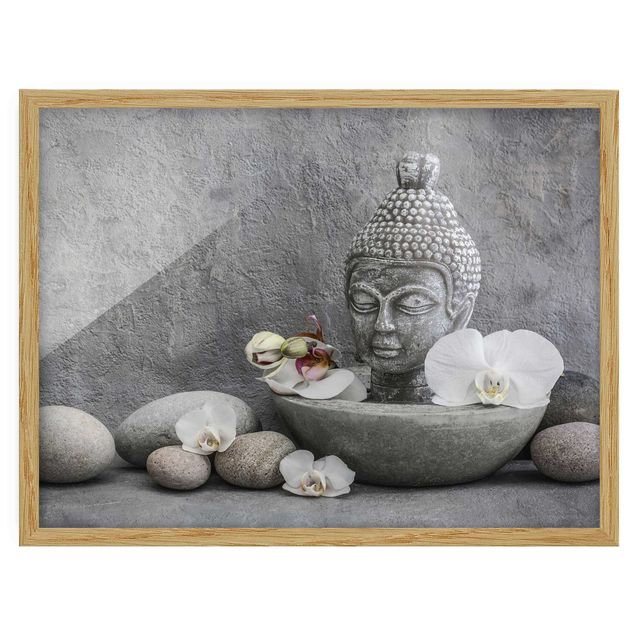 Bild mit Rahmen - Zen Buddha, Orchideen und Steine - Querformat 4:3